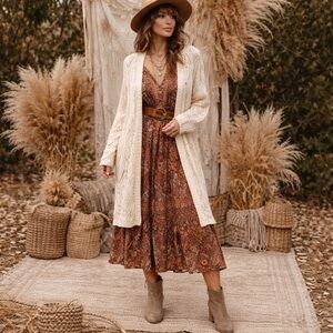 H&M Cream Open Knit Long Cardigan Womens XS Boho Lightweight Layering Sweater